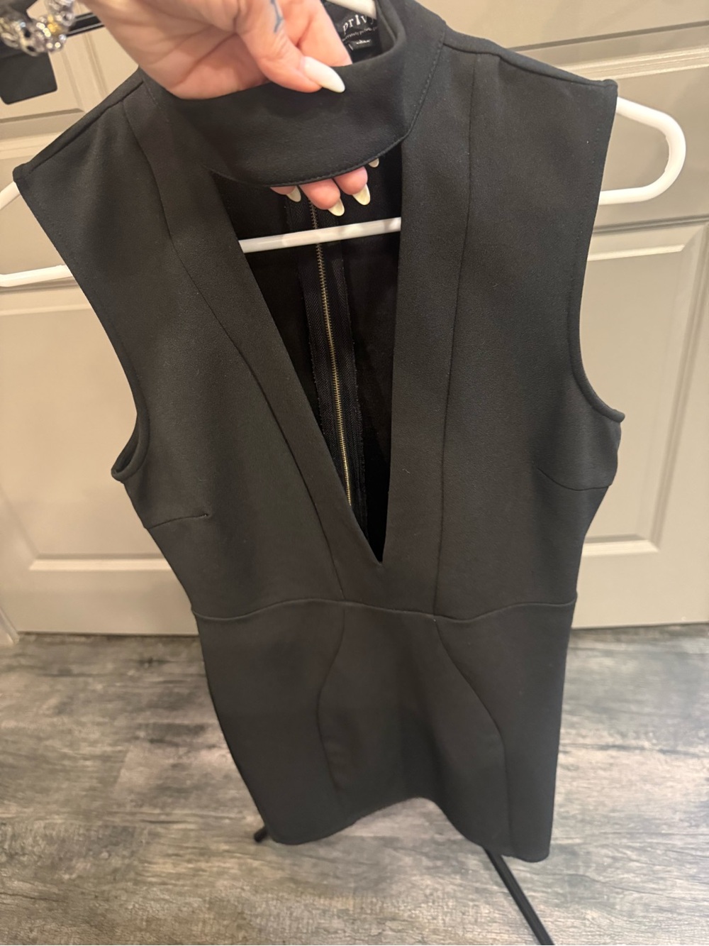 privy Black Sleeveless Mini Dress with Deep V and Mock Collar